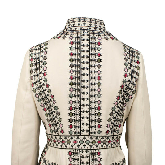 Wool Blend Embroidered Long Blazer Jacket - Ivory