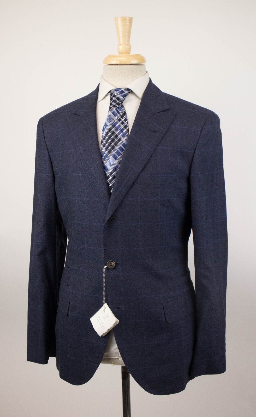 Windowpane Wool Blend 3/2 Button Suit - Blue