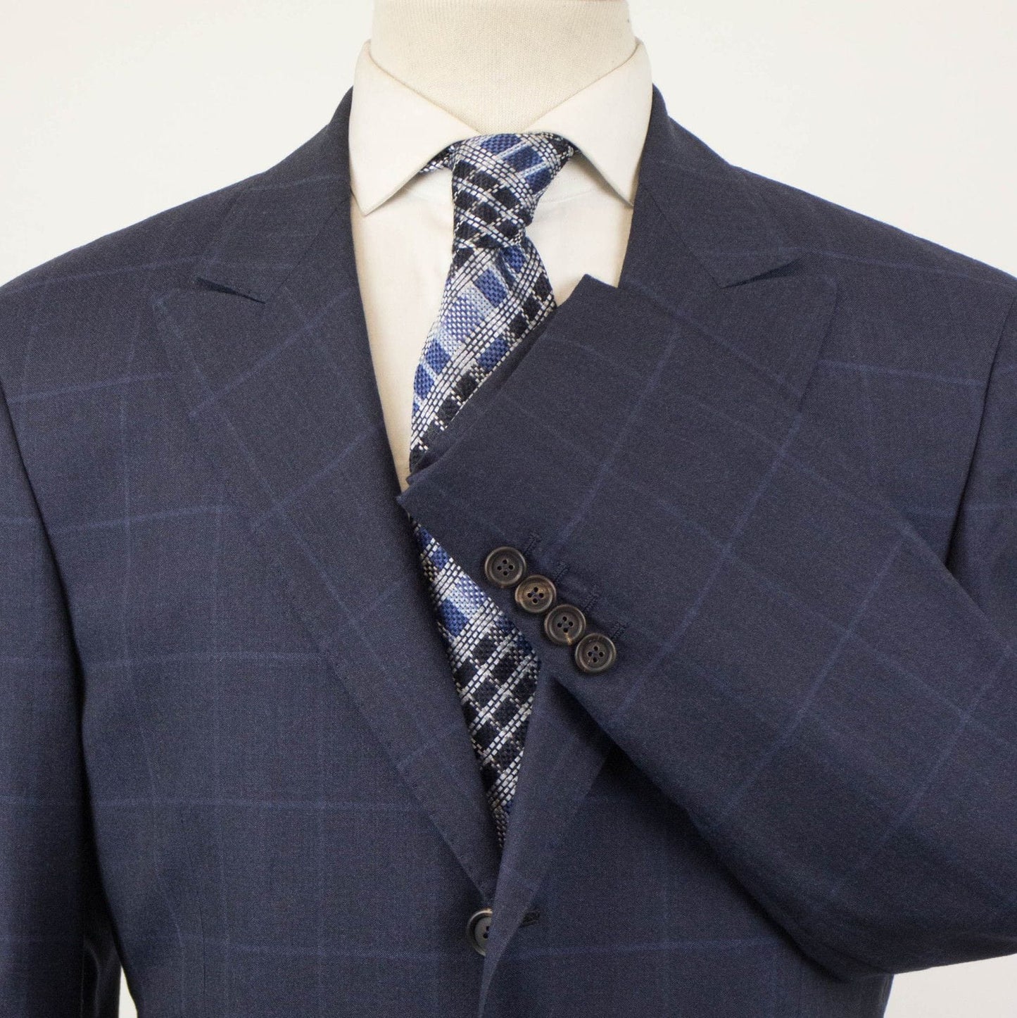 Windowpane Wool Blend 3/2 Button Suit - Blue
