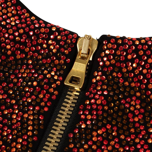 Knit Crystal Mini Dress - Red / Orange / Black