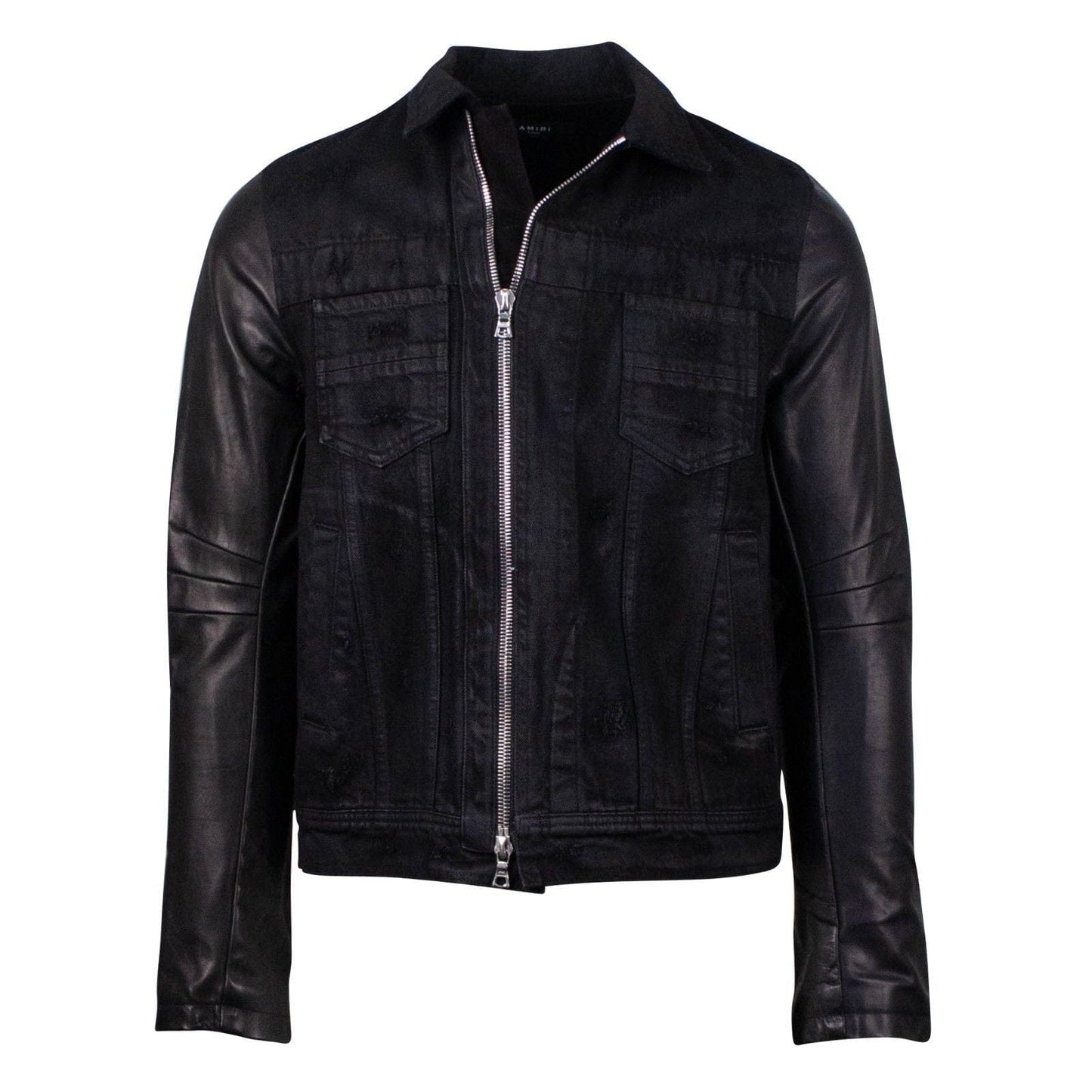 Black Leather Sleeve Zip Up Distressed Denim Trucker Jacket
