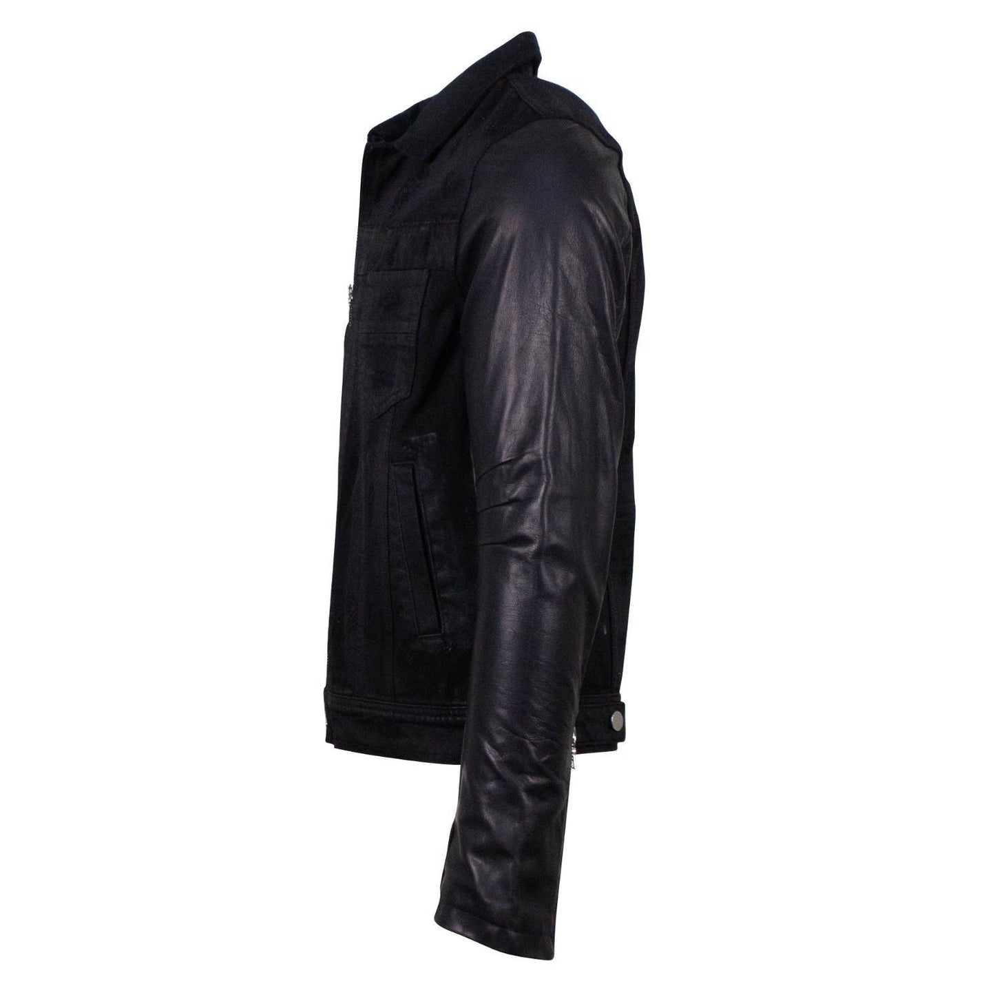 Black Leather Sleeve Zip Up Distressed Denim Trucker Jacket