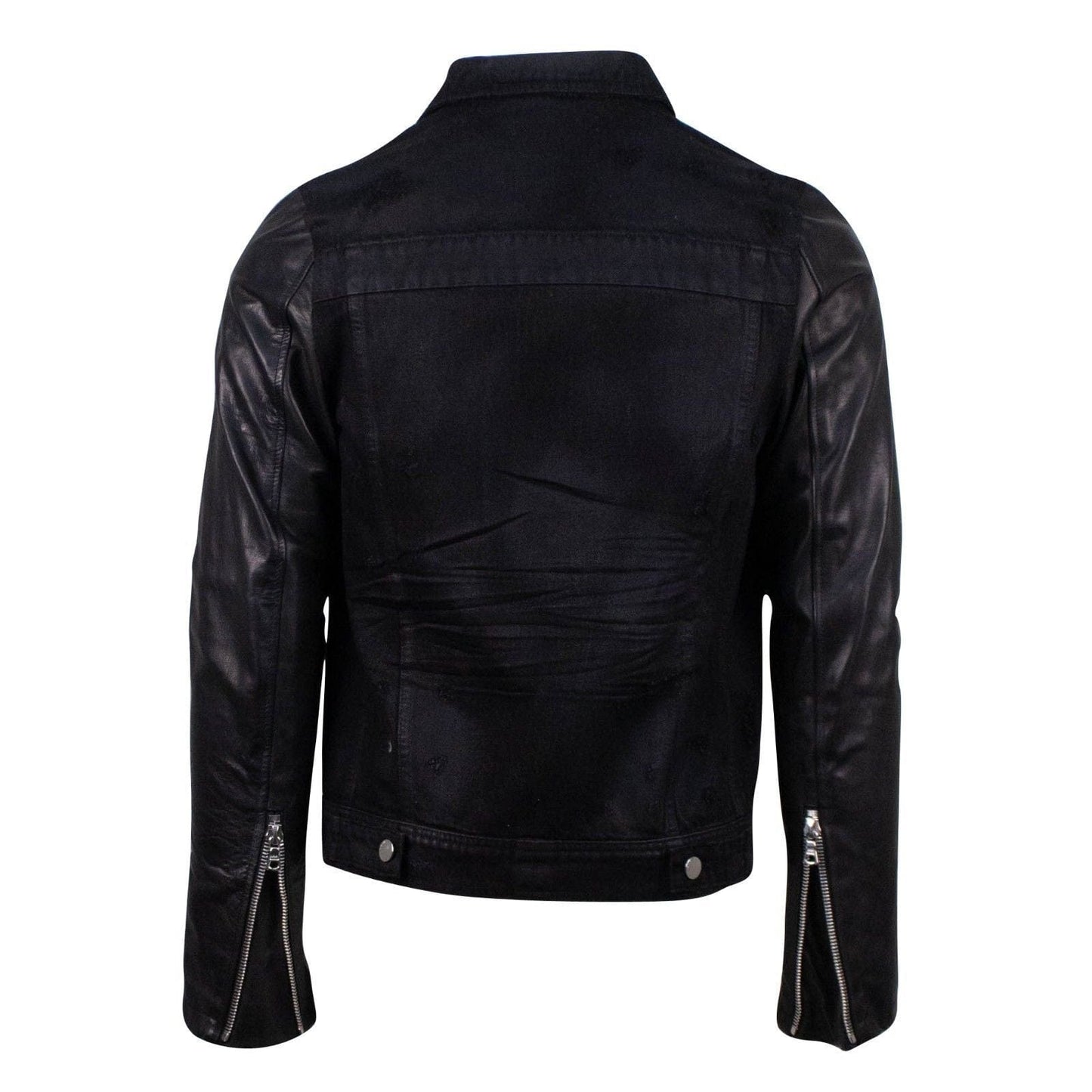 Black Leather Sleeve Zip Up Distressed Denim Trucker Jacket