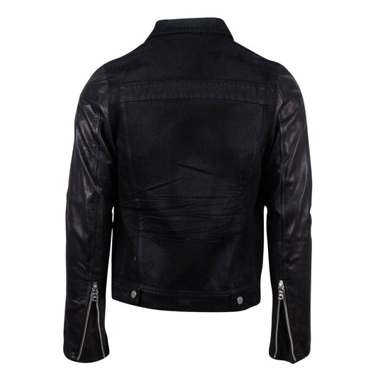 Black Leather Sleeve Zip Up Distressed Denim Trucker Jacket