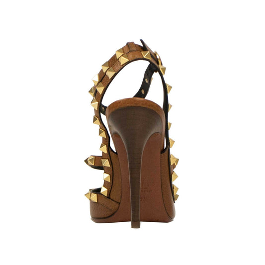 Textured Leather Rockstud Ankle Strap Pumps - Tan