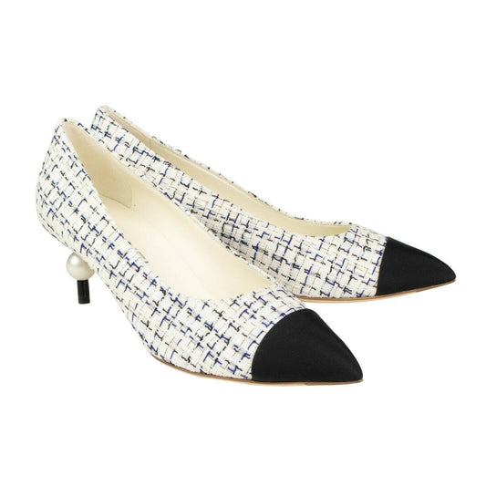 Tweed And Grosgrain Cap Toe Pumps - White / Blue