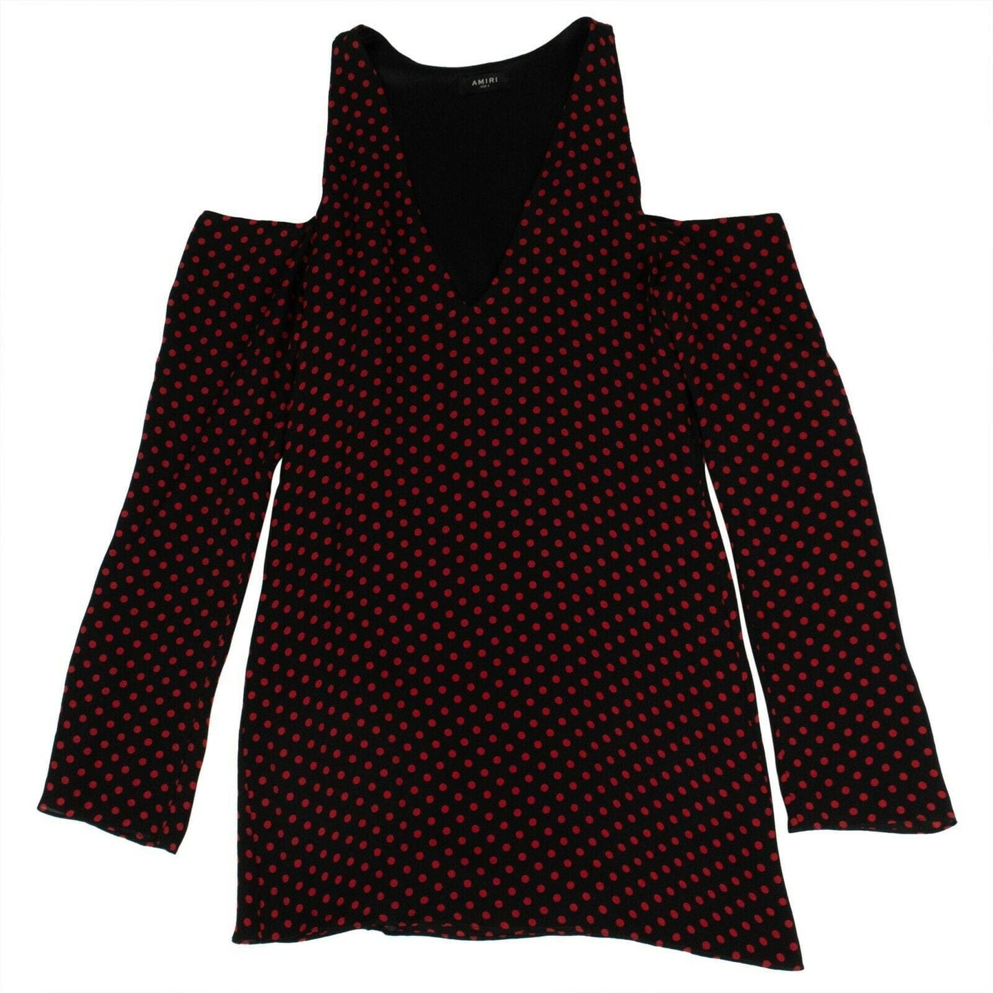 Polka Dot No Shoulder Long Sleeve Silk Dress - Black / Red