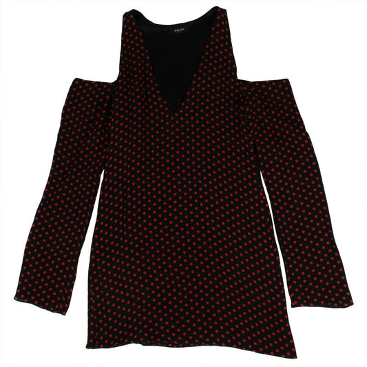 Polka Dot No Shoulder Long Sleeve Silk Dress - Black / Red