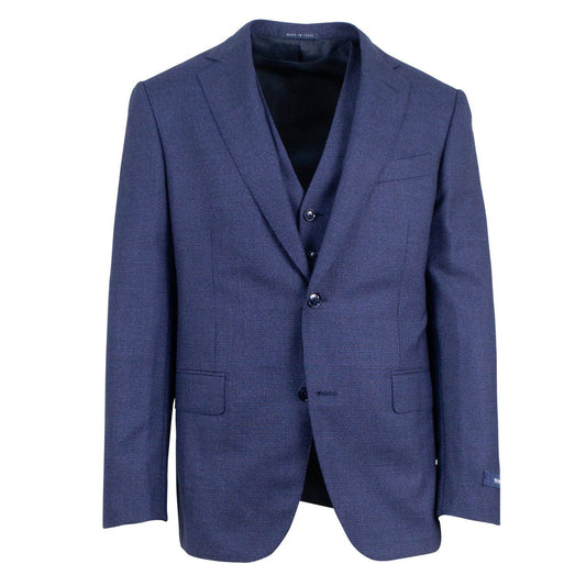 Wool Micro Motif Two Button Three Piece Suit Suit - Blue