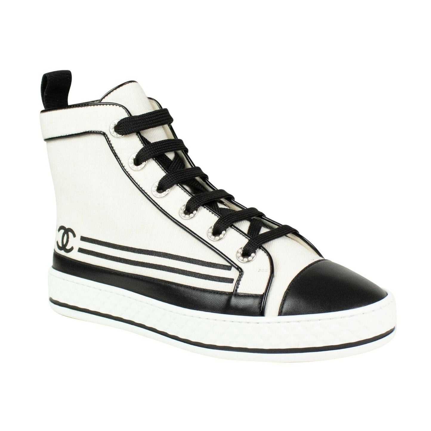 Burlap And Leather Lace Up Sneakers - White / Black