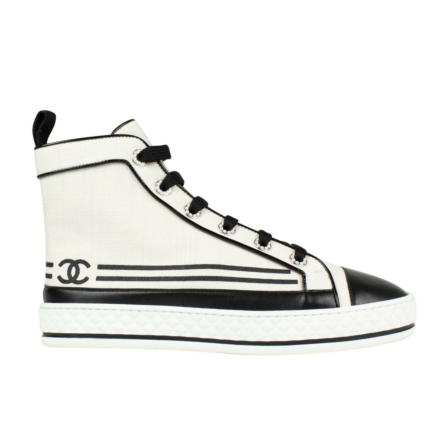 Burlap And Leather Lace Up Sneakers - White / Black