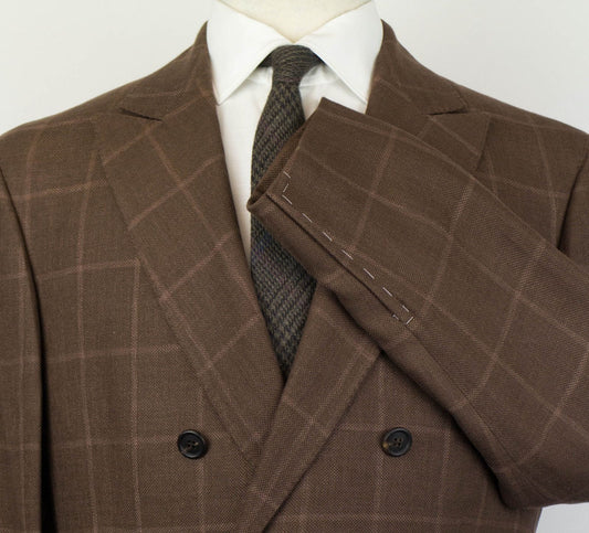 Windowpane Wool Blend Double Breasted Suit - Brown