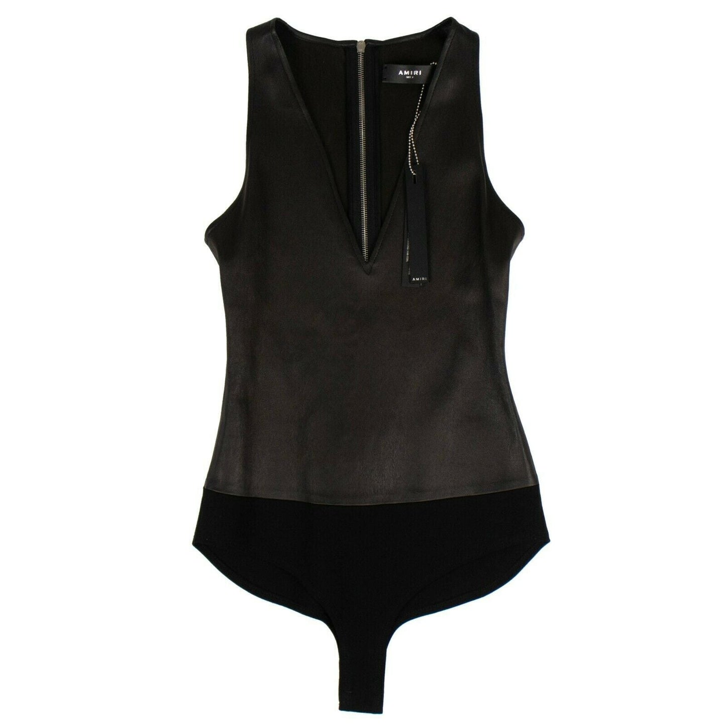 Leather Deep V-Neck Bodysuit - Black