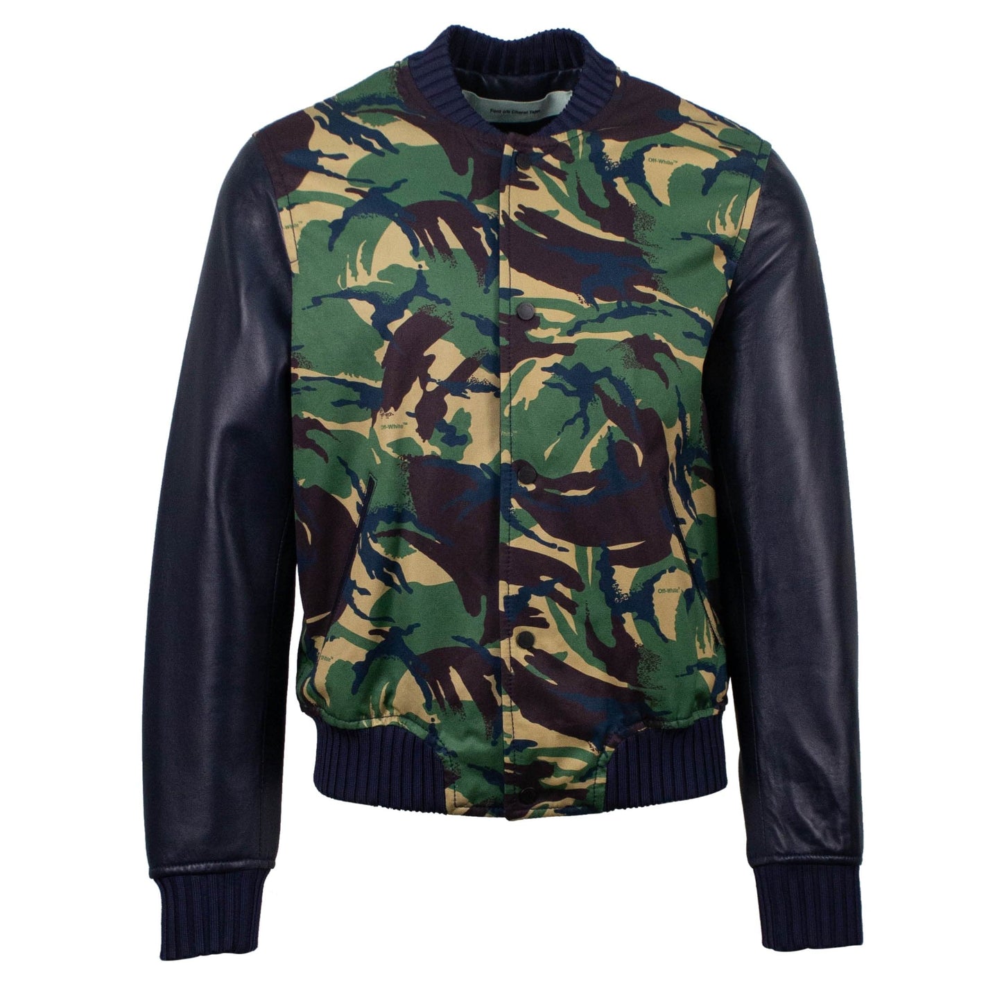 Camo Cotton & Leather Bomber Jacket - Green Camo / Black