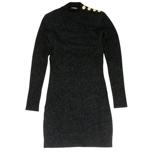 Mock Neck Metallic Long Sleeve Dress - Black