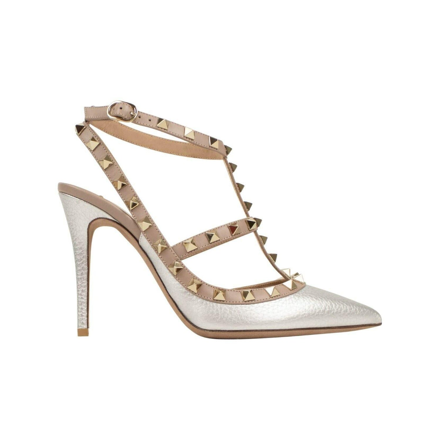 Metallic Leather Rockstud Caged Pumps - Silver / Blush