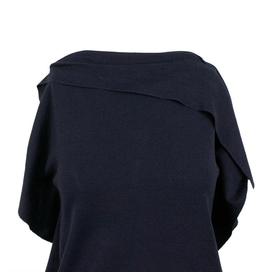 Wool Ruffle Knit Sweater - Navy Blue