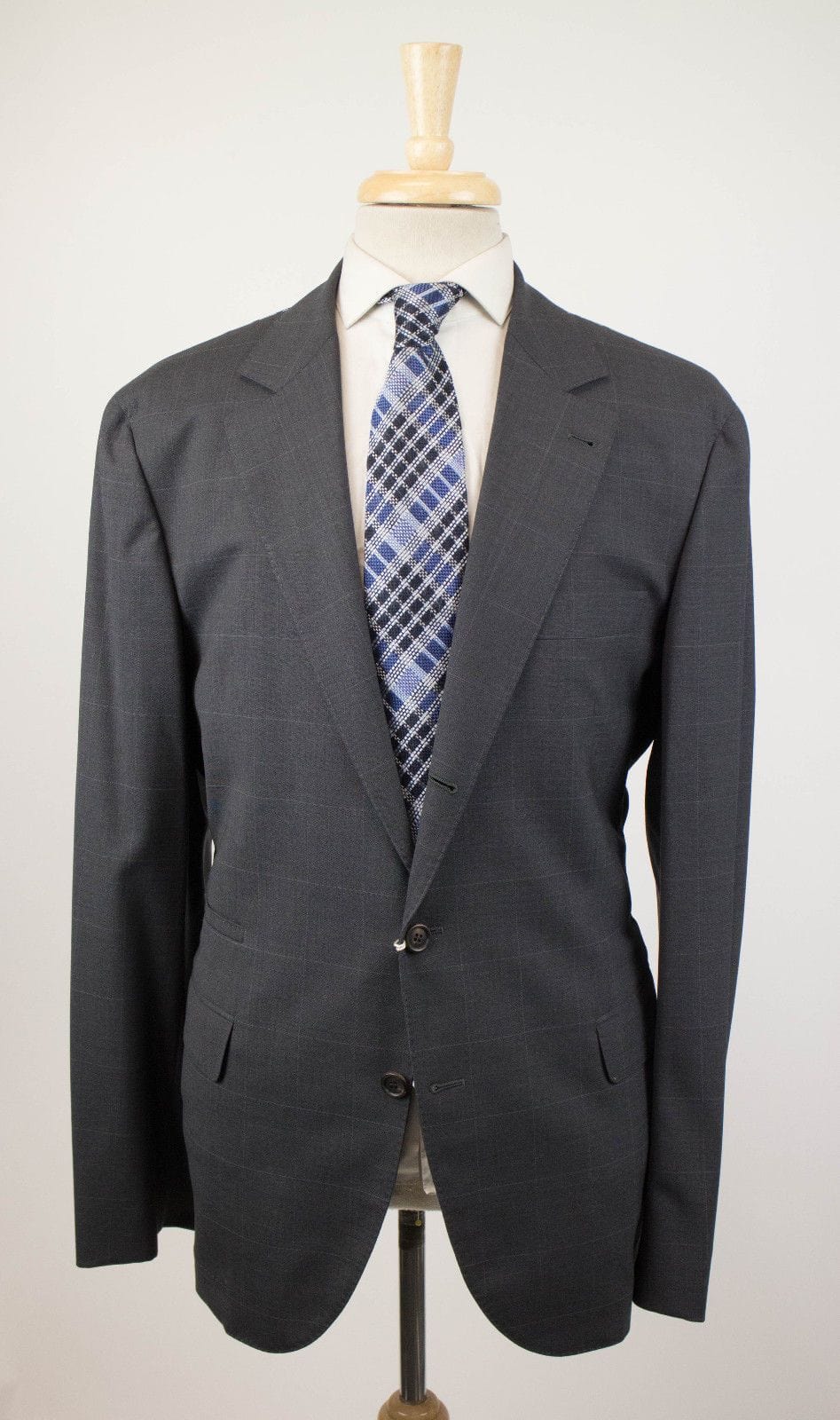 Windowpane Check Wool 3/2 Button Suit - Gray