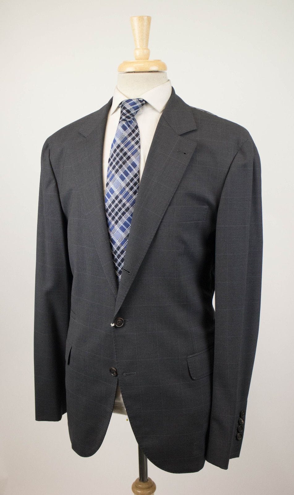 Windowpane Check Wool 3/2 Button Suit - Gray