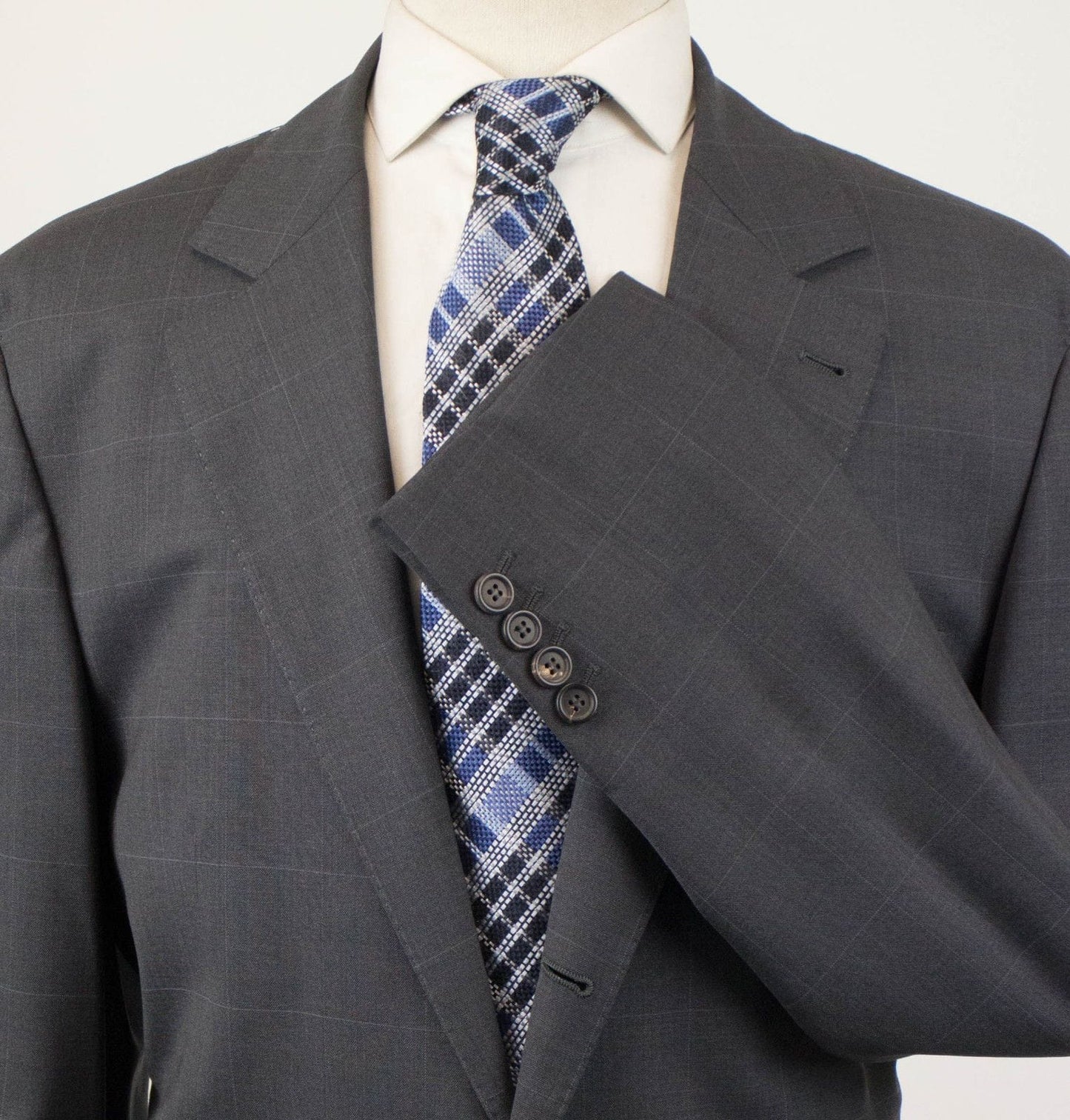 Windowpane Check Wool 3/2 Button Suit - Gray