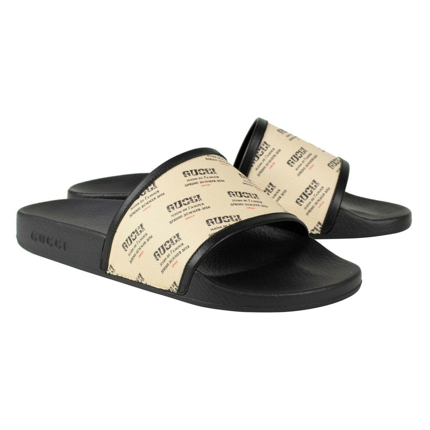 Canvas Logo Stamp Print Slides Sandals - Ivory