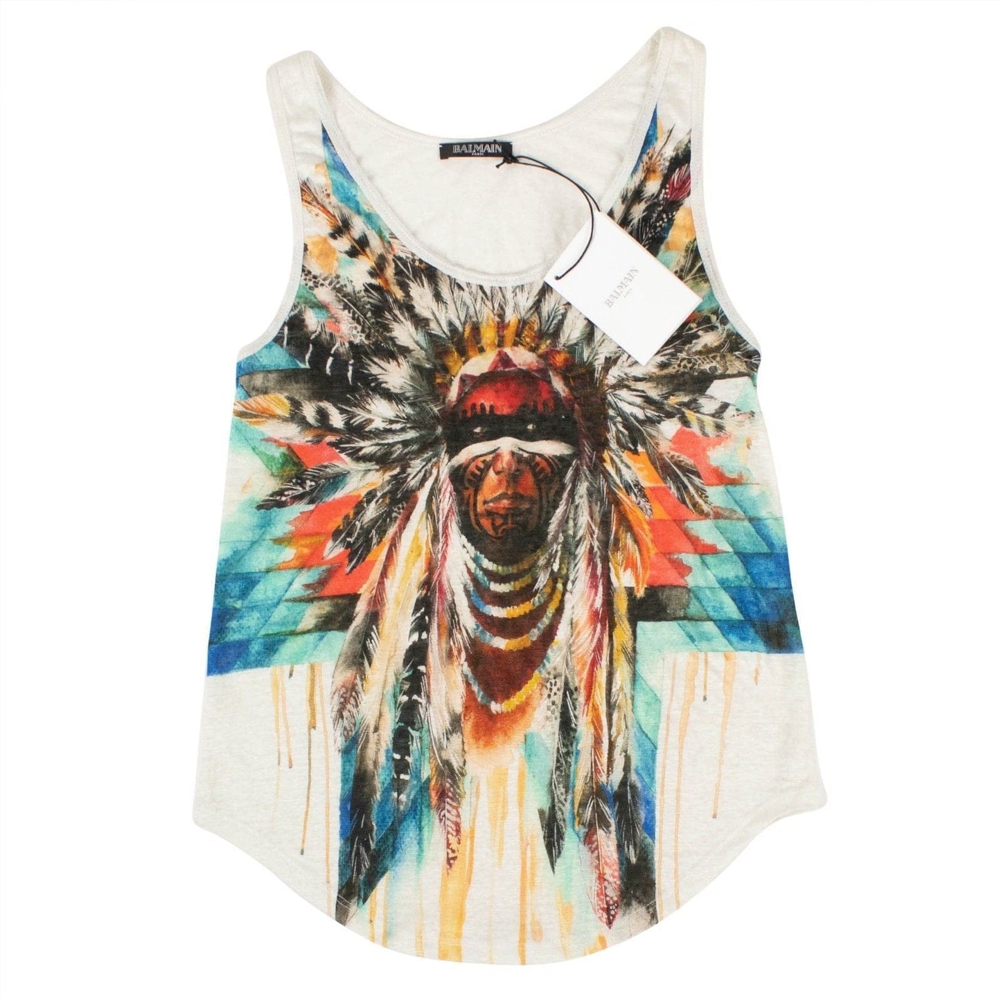Linen Indian Print Tank Top - White / Multi