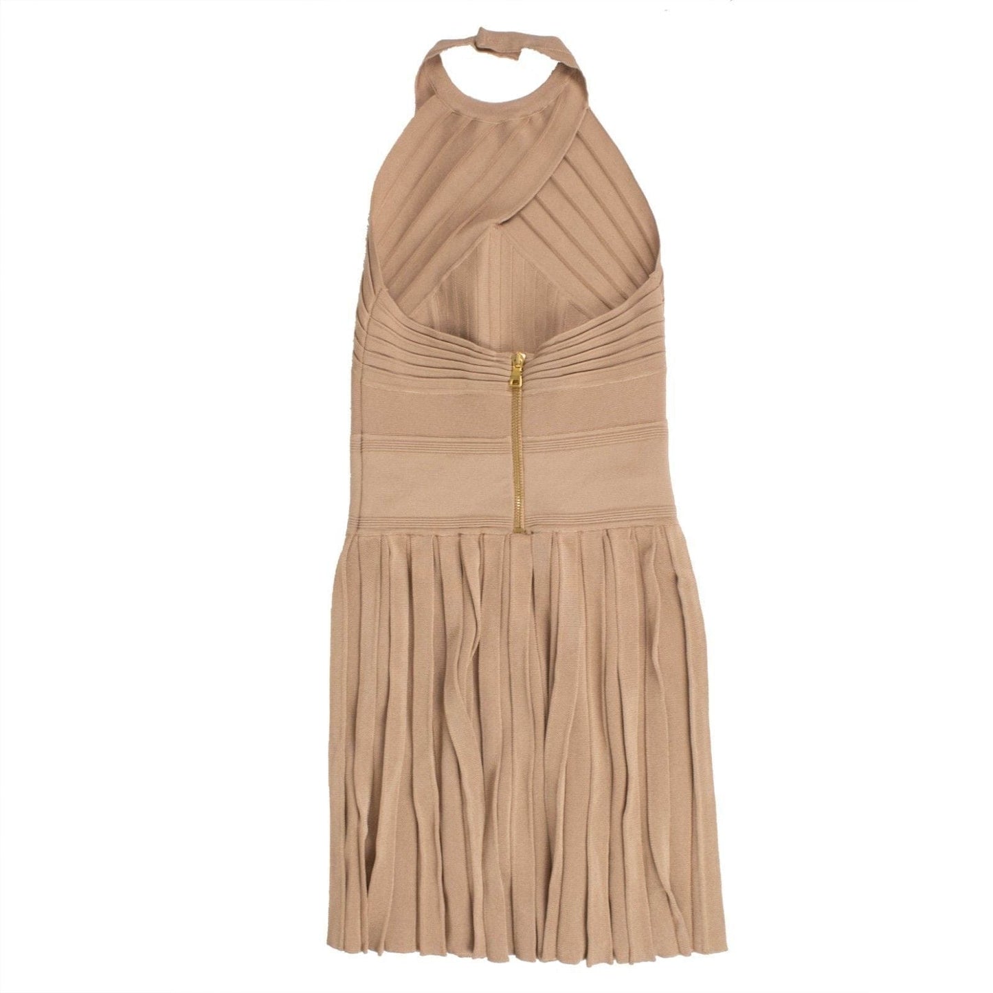 Knit Pleated Halter Neck Dress - Gold