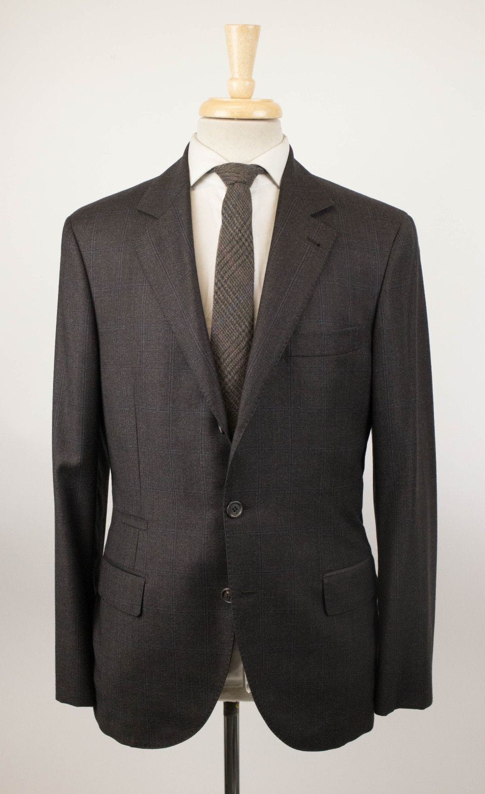 Windowpane Check Wool 3/2 Button Suit - Brown