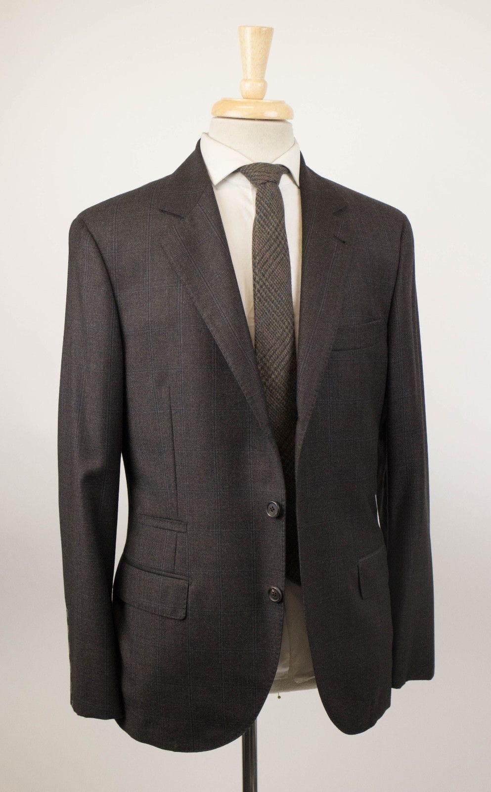 Windowpane Check Wool 3/2 Button Suit - Brown