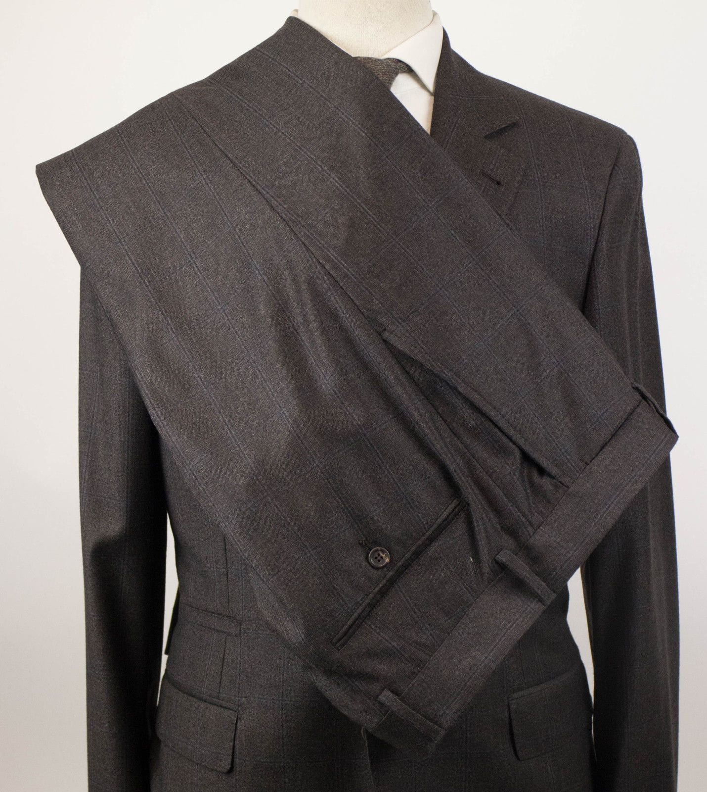 Windowpane Check Wool 3/2 Button Suit - Brown
