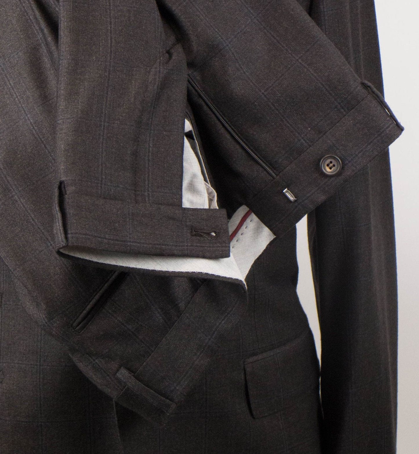 Windowpane Check Wool 3/2 Button Suit - Brown