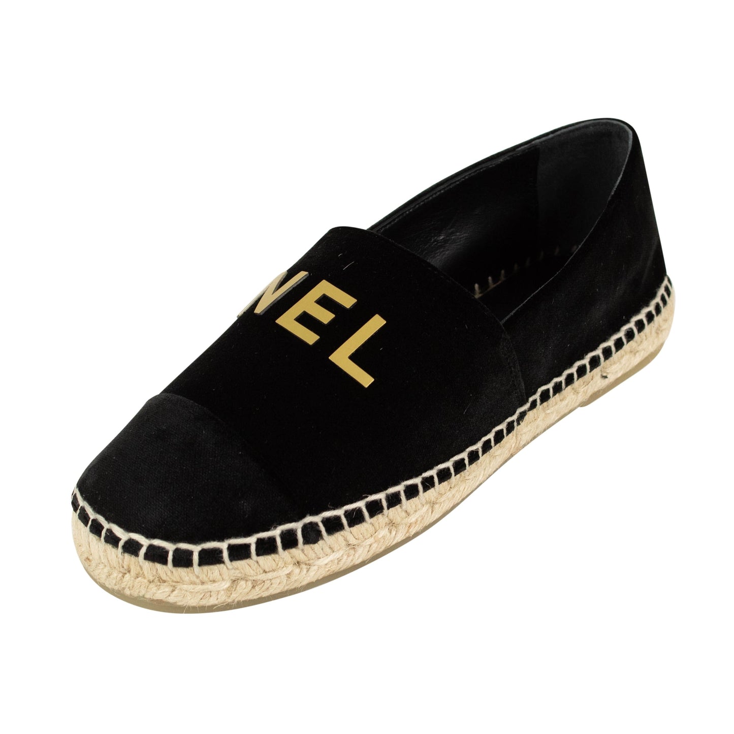 Velvet 'Chanel' Gold Lettering Espadrilles - Black
