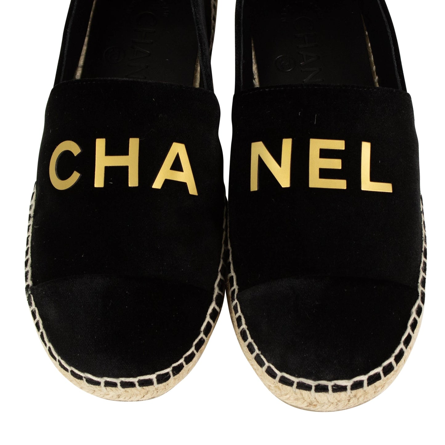 Velvet 'Chanel' Gold Lettering Espadrilles - Black