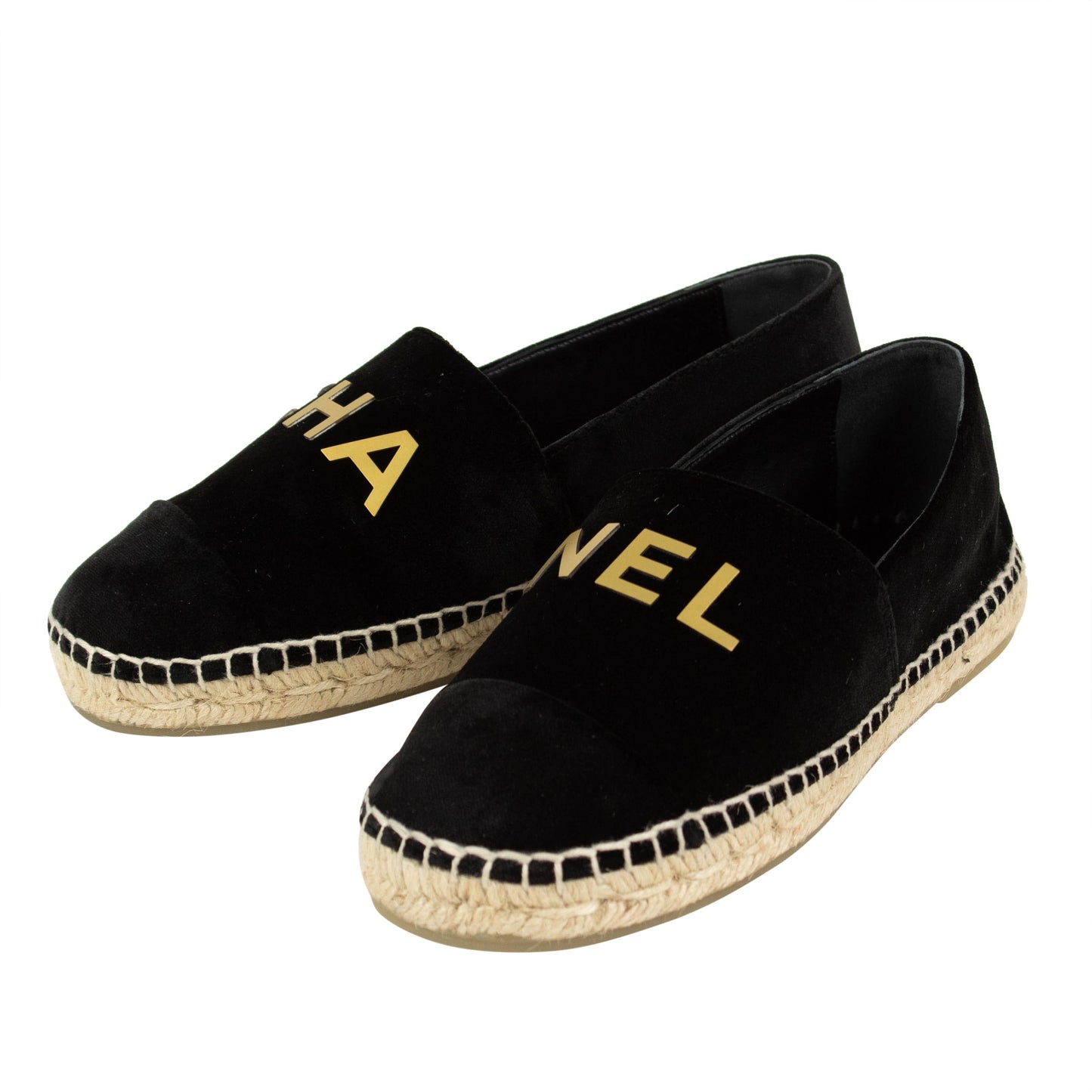 Velvet 'Chanel' Gold Lettering Espadrilles - Black
