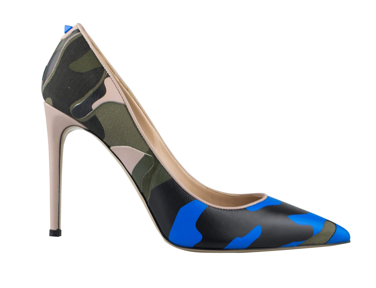 Camouflage Leather Pointed Toe Pumps - Blue / Multi