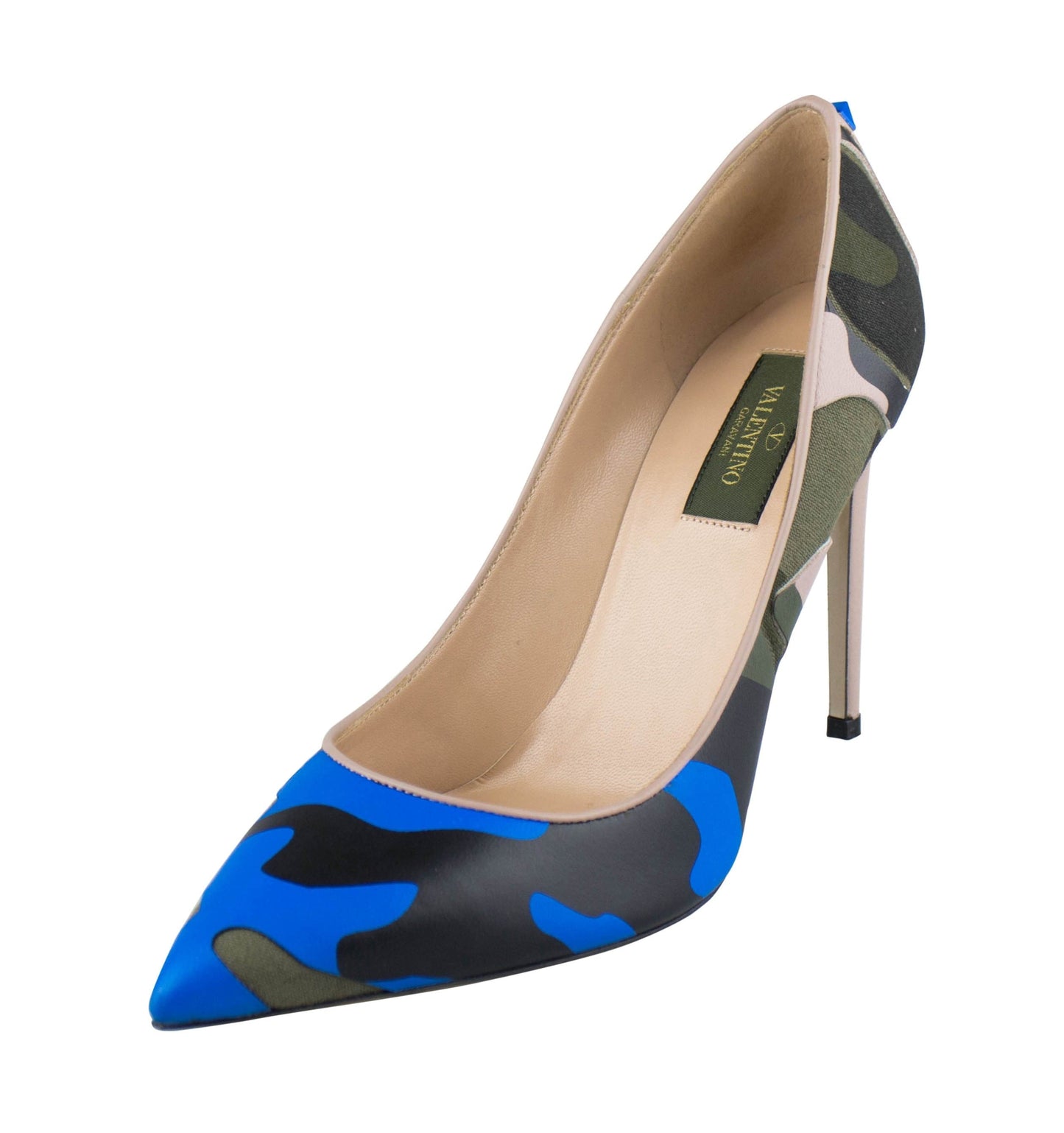 Camouflage Leather Pointed Toe Pumps - Blue / Multi