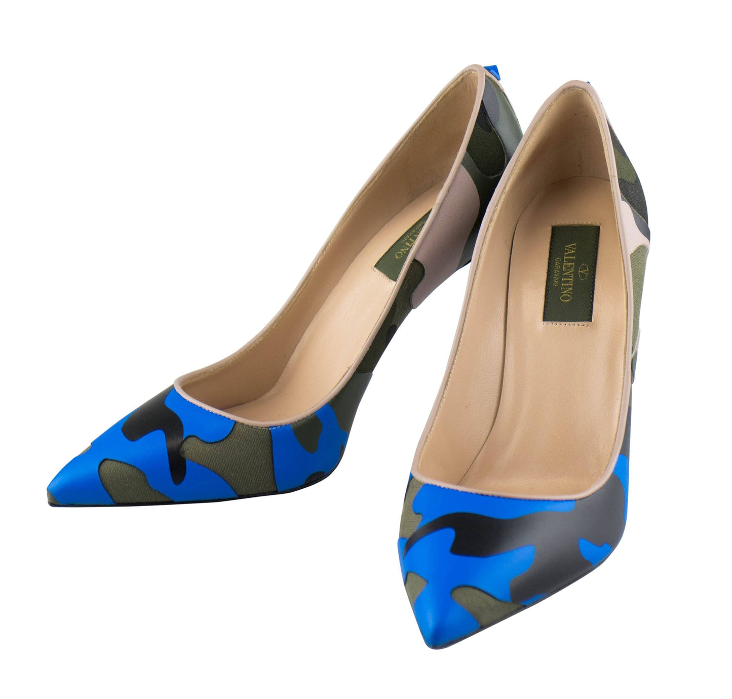 Camouflage Leather Pointed Toe Pumps - Blue / Multi