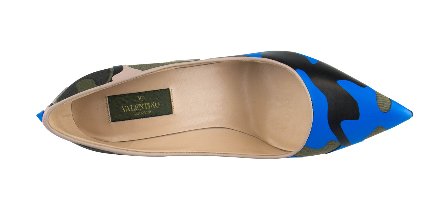 Camouflage Leather Pointed Toe Pumps - Blue / Multi
