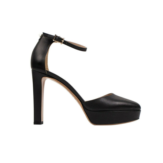 Ankle Strap Platform Leather Heels - Black