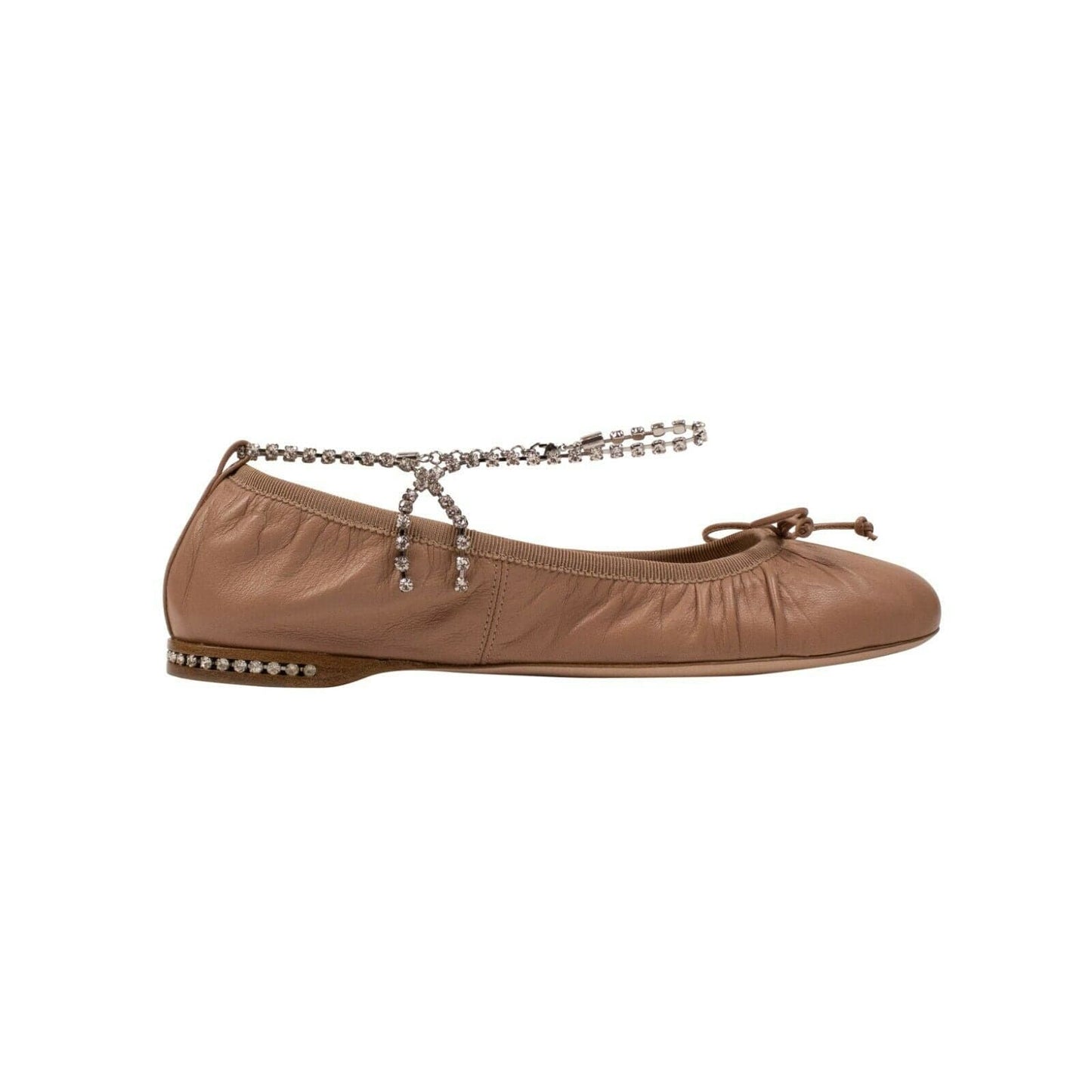 Leather Crystal Strap Ballerina Shoes - Beige Nude