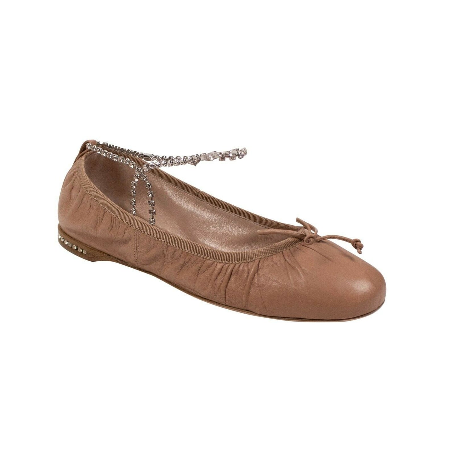 Leather Crystal Strap Ballerina Shoes - Beige Nude