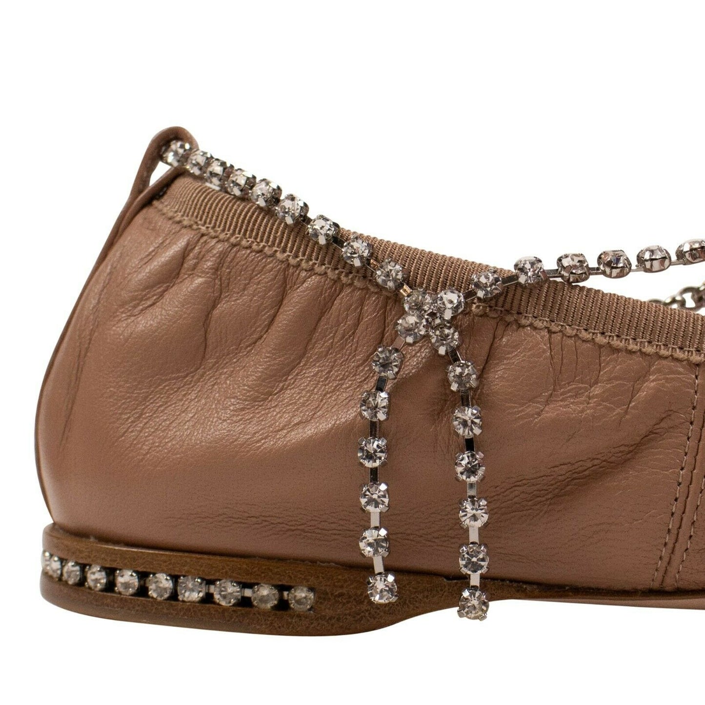 Leather Crystal Strap Ballerina Shoes - Beige Nude